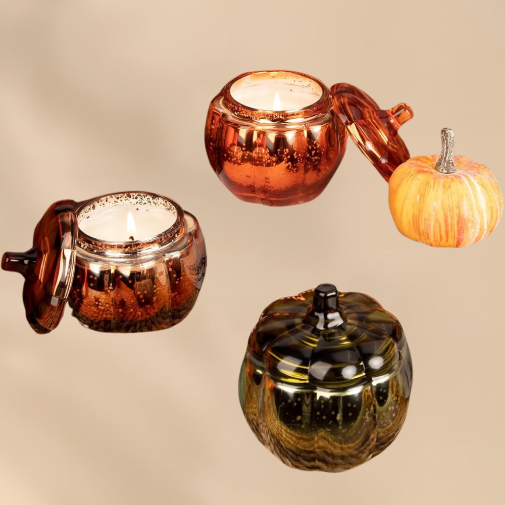 Pumpkin Glass Candle Set Fall Home Decor Cozy Autumn Scented Gift