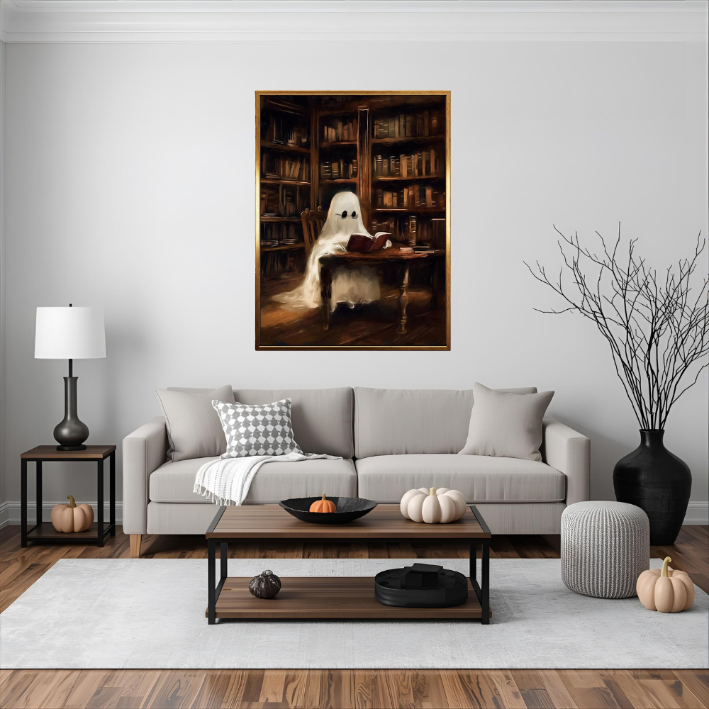 Ghost Reading Halloween Cozy Home Warm Vintage Canvas Wall Art