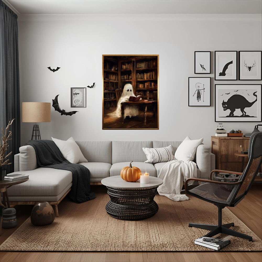 Ghost Reading Halloween Cozy Home Warm Vintage Canvas Wall Art