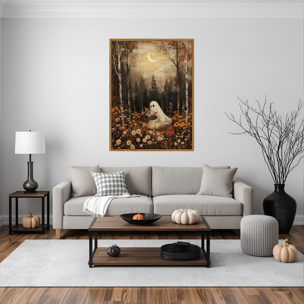 Ghost Reading Halloween Cozy Home Warm Vintage Canvas Wall Art