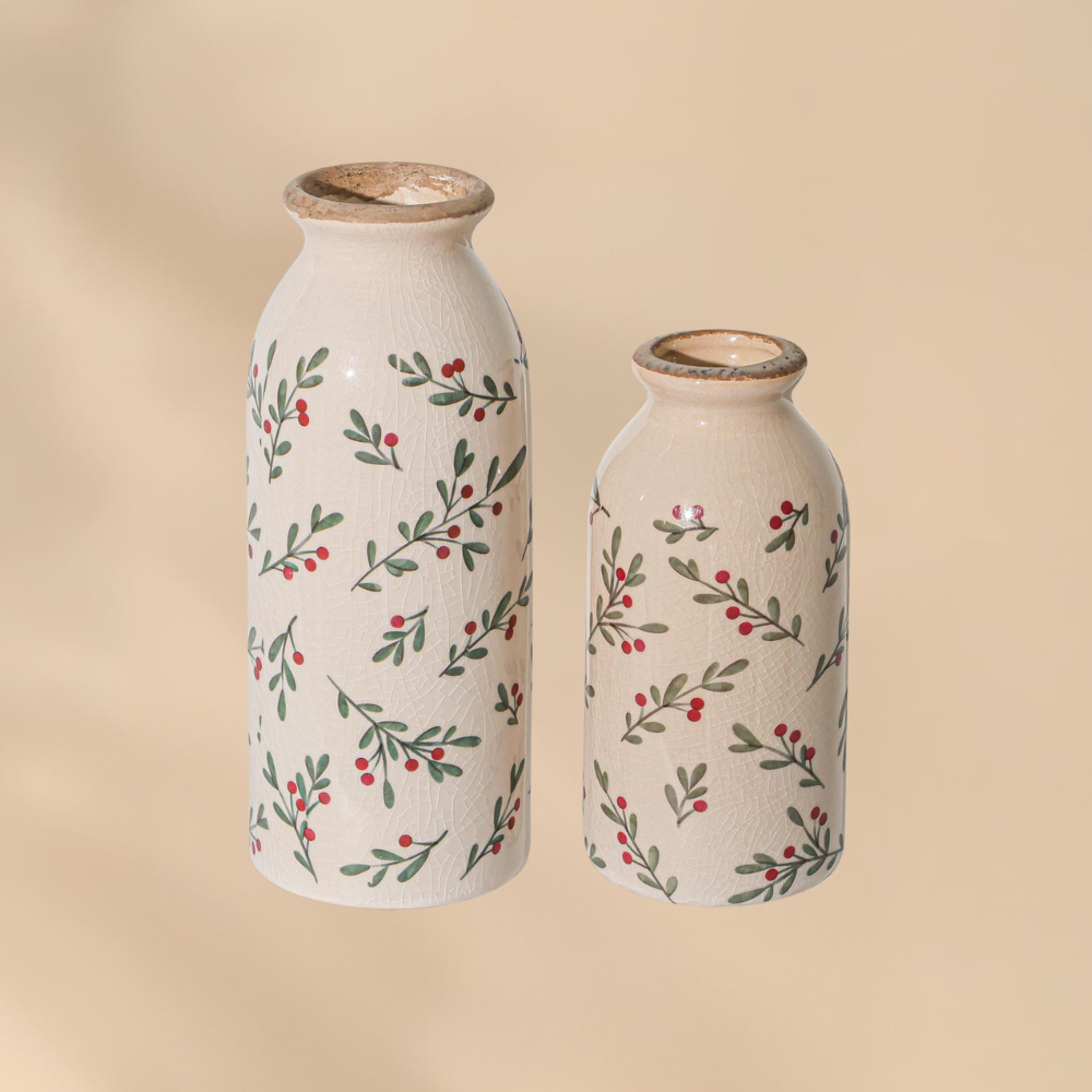 Winter Berry Ceramic Vase Set Christmas Home Decor Cozy Rustic Accent