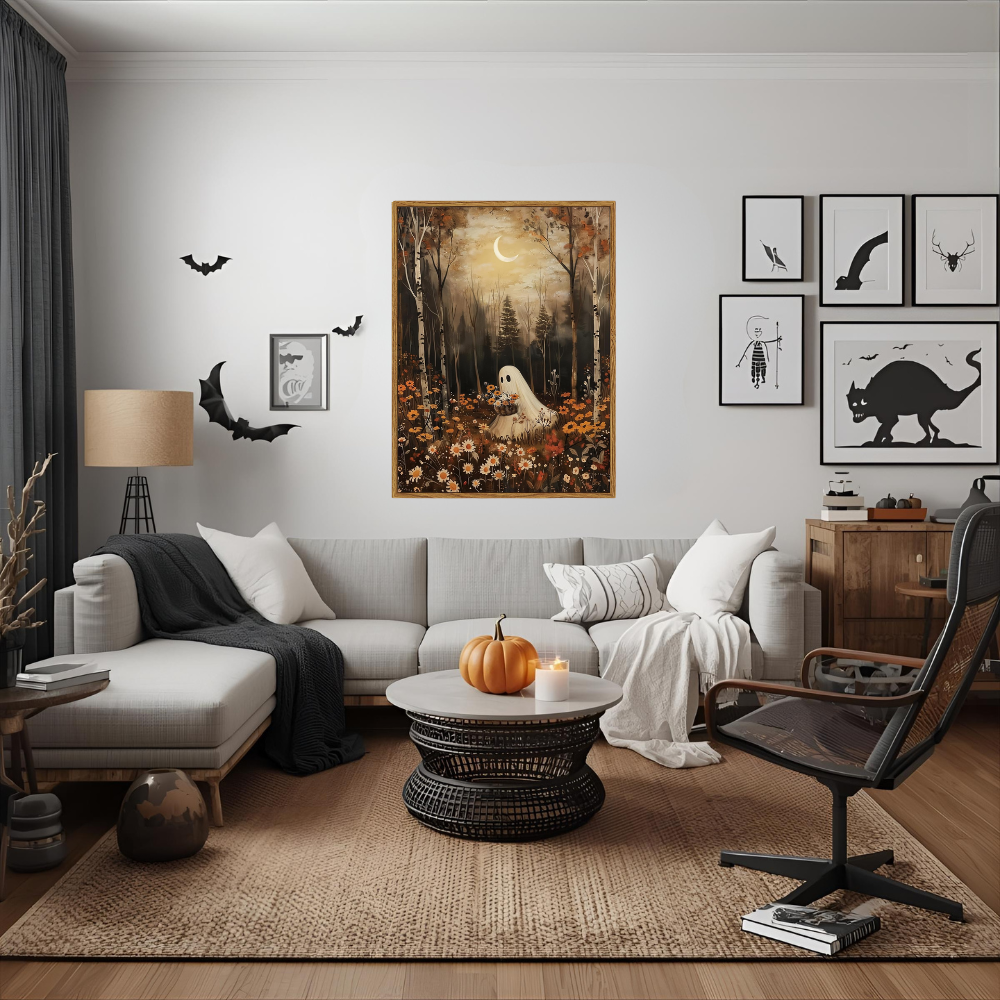 Ghost Reading Halloween Cozy Home Warm Vintage Canvas Wall Art