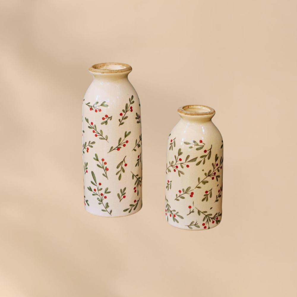 Winter Berry Ceramic Vase Set Christmas Home Decor Cozy Rustic Accent