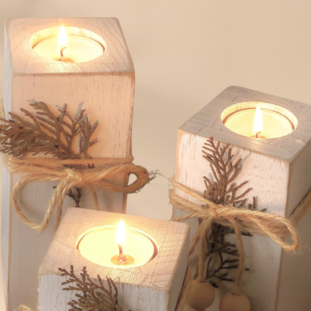 Rustic Wooden Candle Holders Set For Cozy Christmas Home Decor