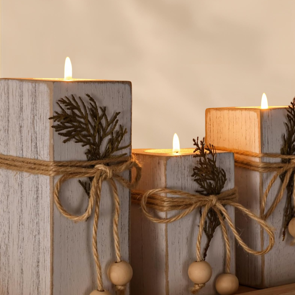 Rustic Wooden Candle Holders Set For Cozy Christmas Home Decor