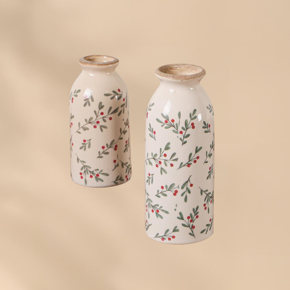 Winter Berry Ceramic Vase Set Christmas Home Decor Cozy Rustic Accent