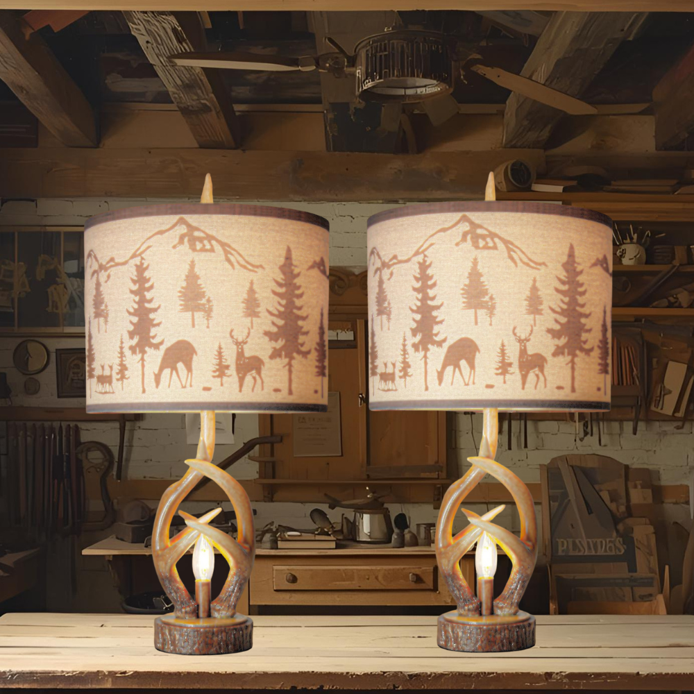 Set 2 Rustic Antler Lamps Cozy Cabin Bedroom Light For Warm Evenings Woodland Home Decor