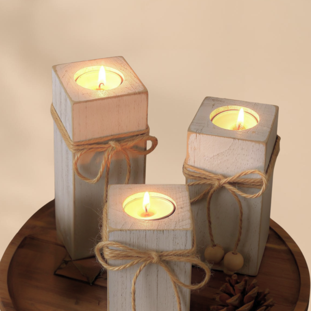 Rustic Wooden Candle Holders Set For Cozy Christmas Home Decor