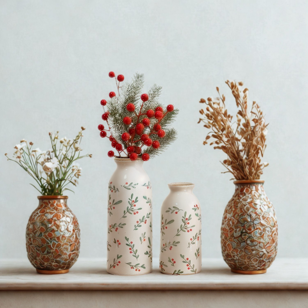 Winter Berry Ceramic Vase Set Christmas Home Decor Cozy Rustic Accent