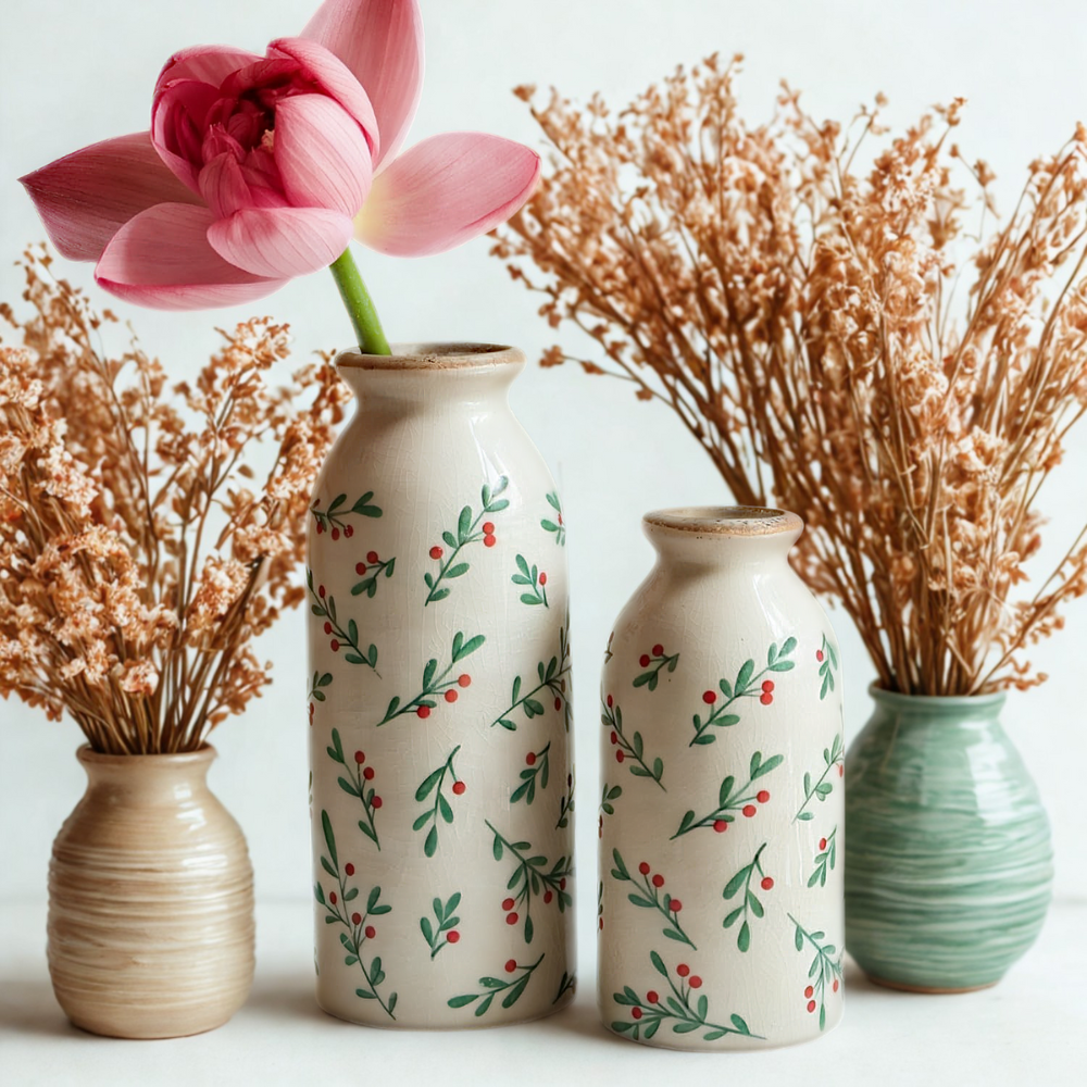 Winter Berry Ceramic Vase Set Christmas Home Decor Cozy Rustic Accent