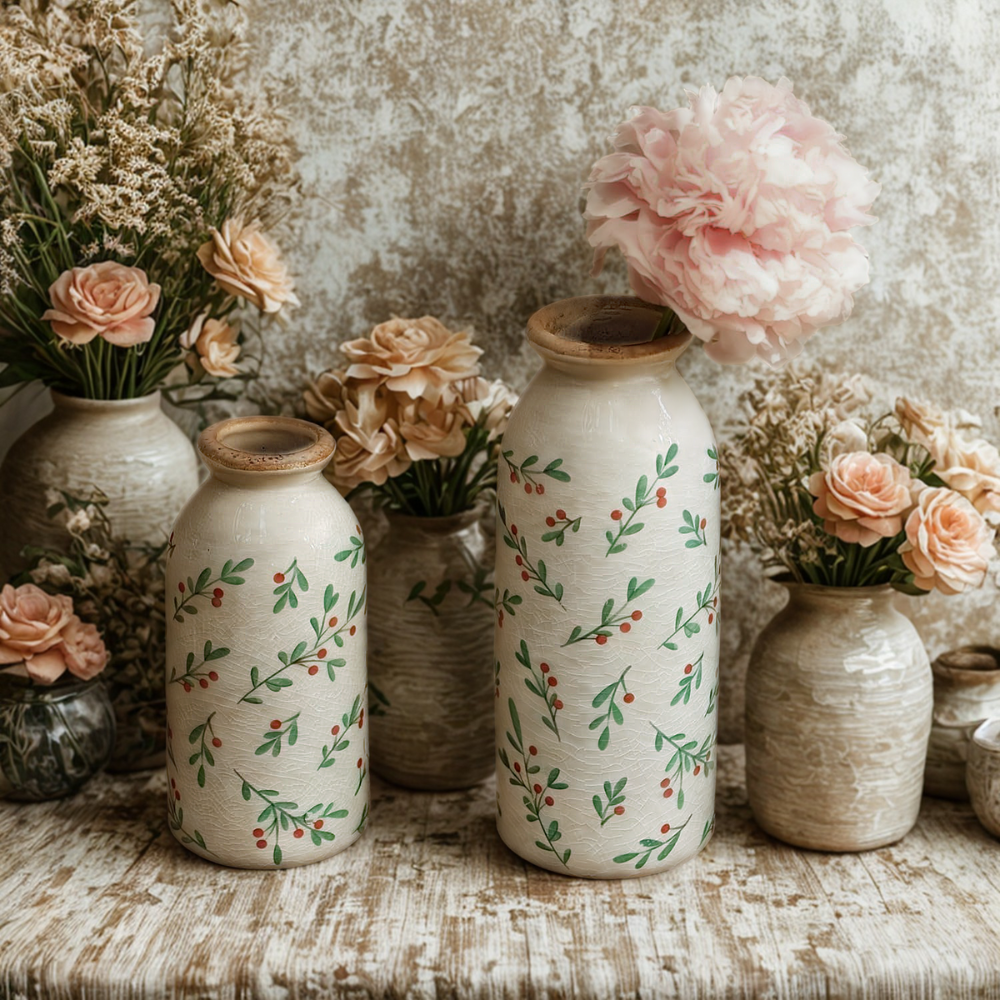 Winter Berry Ceramic Vase Set Christmas Home Decor Cozy Rustic Accent