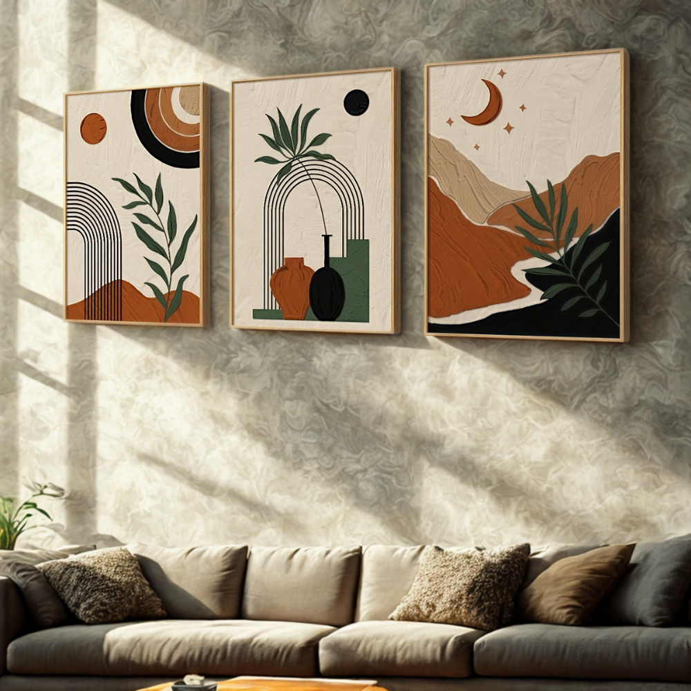 Boho Abstract Canvas Wall Art Set Cozy Living Room Warm Minimal Home Decor