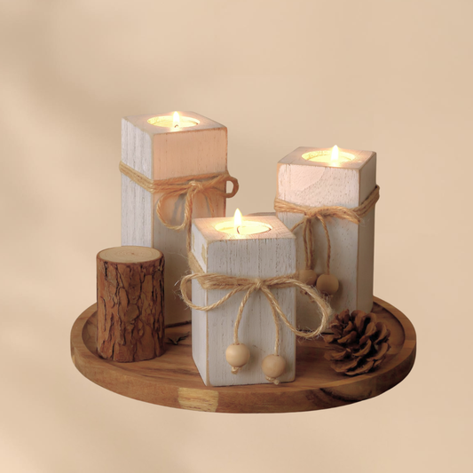 Rustic Wooden Candle Holders Set For Cozy Christmas Home Decor