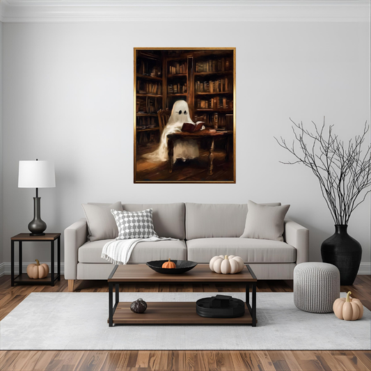 Ghost Reading Halloween Cozy Home Warm Vintage Canvas Wall Art