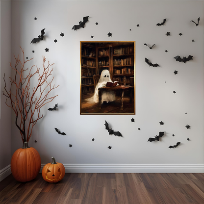 Ghost Reading Halloween Cozy Home Warm Vintage Canvas Wall Art